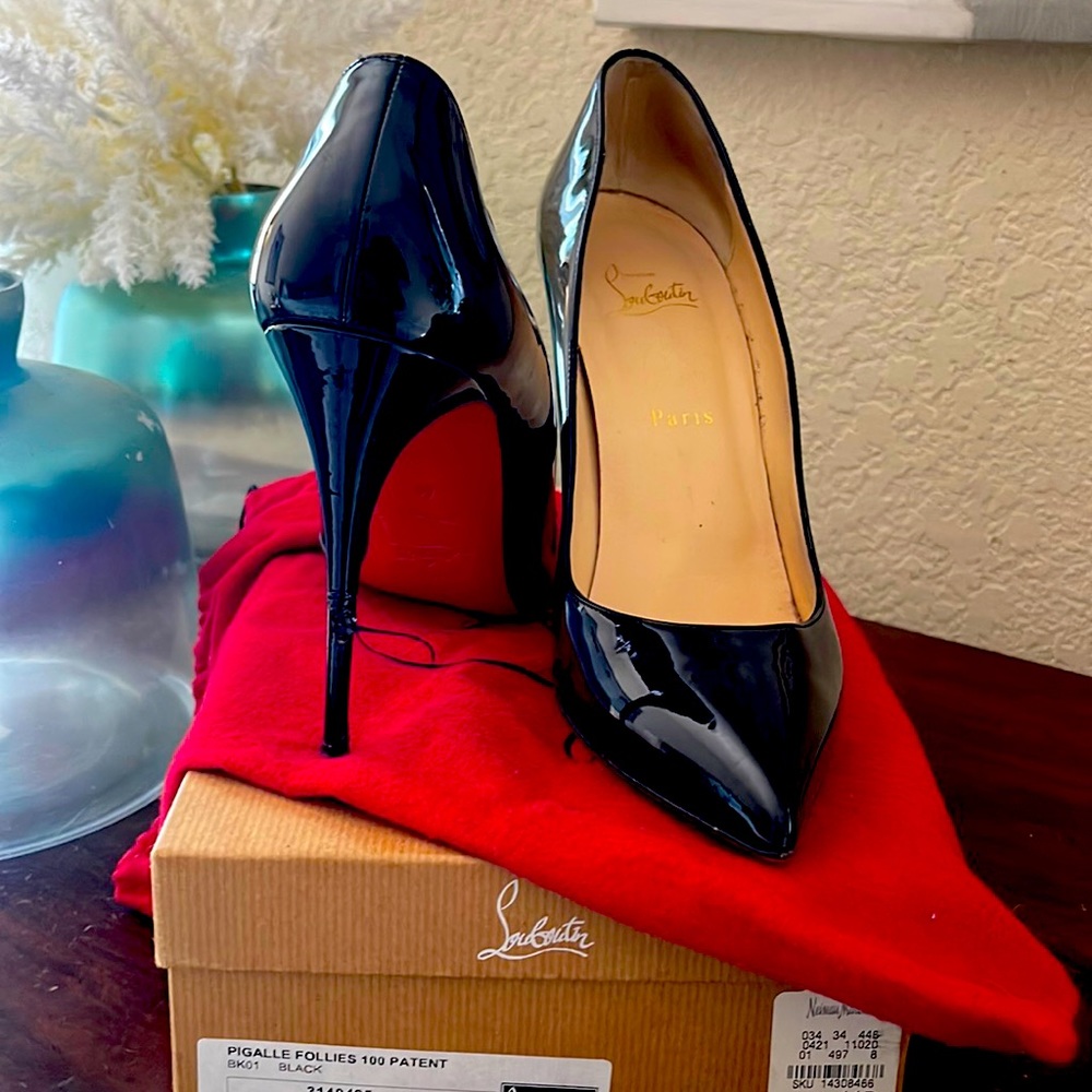 Black patent leather pigalle follies from Neiman’s original box and dust bag